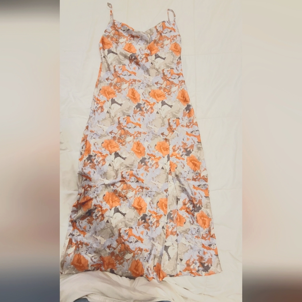 Silk dress , grey, orange flowers beatiful leg slit